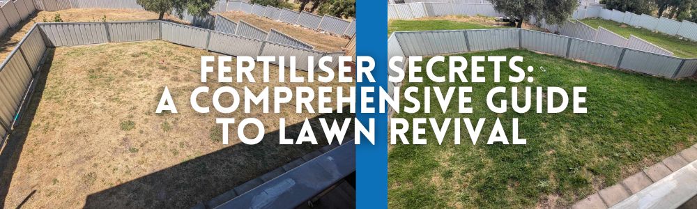 an image of the before and after of a lawn that is been revived using this advice. Caption “Fertiliser Secrets: A Comprehensive Guide to Lawn Revival”