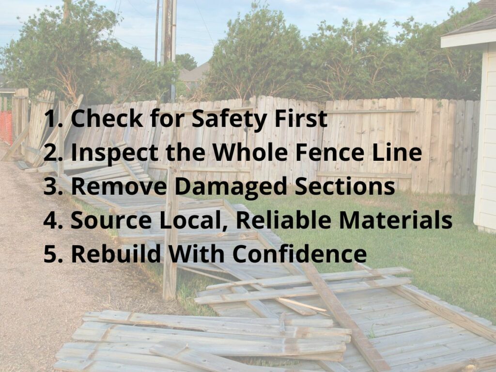 Collapsed fence with overlayed text showing 5 repair steps after storm damage