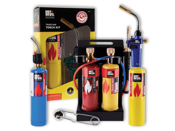 Wall display showcasing the broad range of Hot Devil tools and accessories at Geograph Timber & Hardware.
