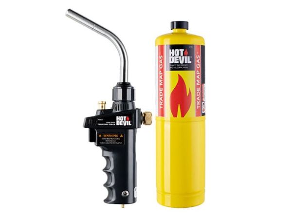 Hot Devil HD027 torch in use to loosen rusted bolts with a high-temperature swirl flame.