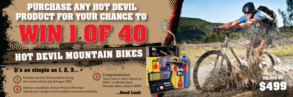 Hot Devil promotional banner showing the chance to win 1 of 40 branded mountain bikes valued at $499.