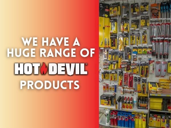 Retail shelf filled with Hot Devil torches, kits and accessories at Geographe Timber & Hardware.