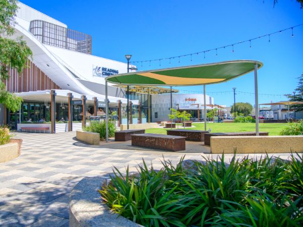 Outdoor plaza in Busselton with native landscaping and public seating