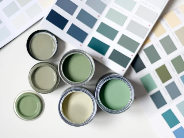 Paint sample pots and swatches used to choose the right colour for an interior paint project.