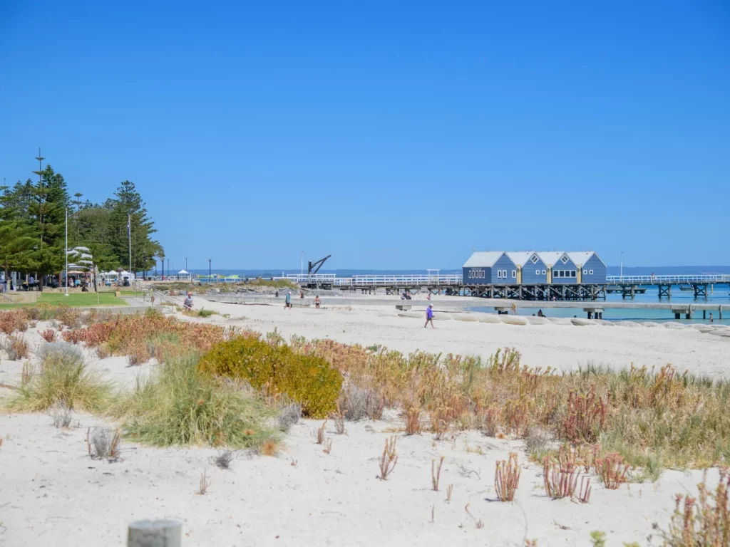 Busselton coastline showing coastal building conditions in South West Western Australia. Busselton Jetty in the background.