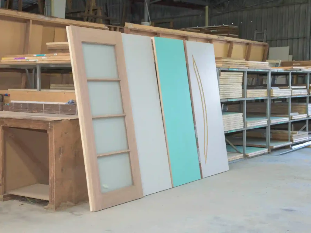 A selection of architectural interior and exterior timber doors, including a glass pane panel door, stood upright against building sheet materials inside a warehouse storage yard.