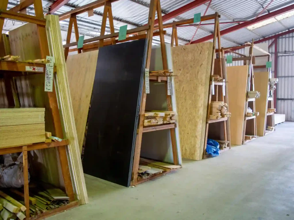 Large sheets of structural plywood, melamine boards, and sheeting materials organized on vertical wooden storage racks inside the Geographe Timber & Hardware timber yard.