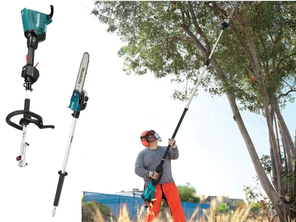 Split image showcasing a white-background product shot of a teal Makita cordless pole saw multi-tool system alongside a gardener in safety gear using the tool to prune a tall tree.