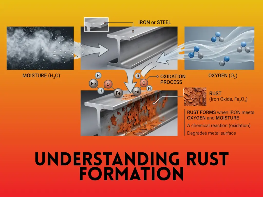 Diagram showing how rust forms when iron or steel meets moisture and oxygen, understanding rust formation.