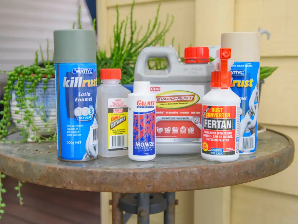 Rust converter and treatment range to treat rust early, Geographe Timber & Hardware Busselton. Shows Wattyl Killrust, Bondall Ranex Rustbuster, Galmet Ironize, CRC Evapo-Rust and Fertan Rust Converter.